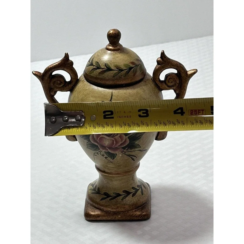 Floral Art Handpainted Ceramic Gold Urn Handle Pedestal Vase‎ W/ Lid